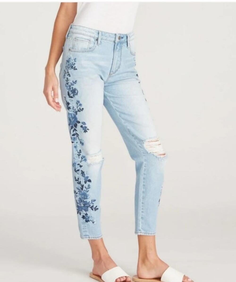 Driftwood Gizelle Jeans Size 29 High Rise Cropped Floral Embroidered Distressed
